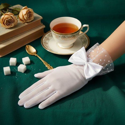 White sheer mesh bow glove with polka dot lace cuff beside a cup of tea