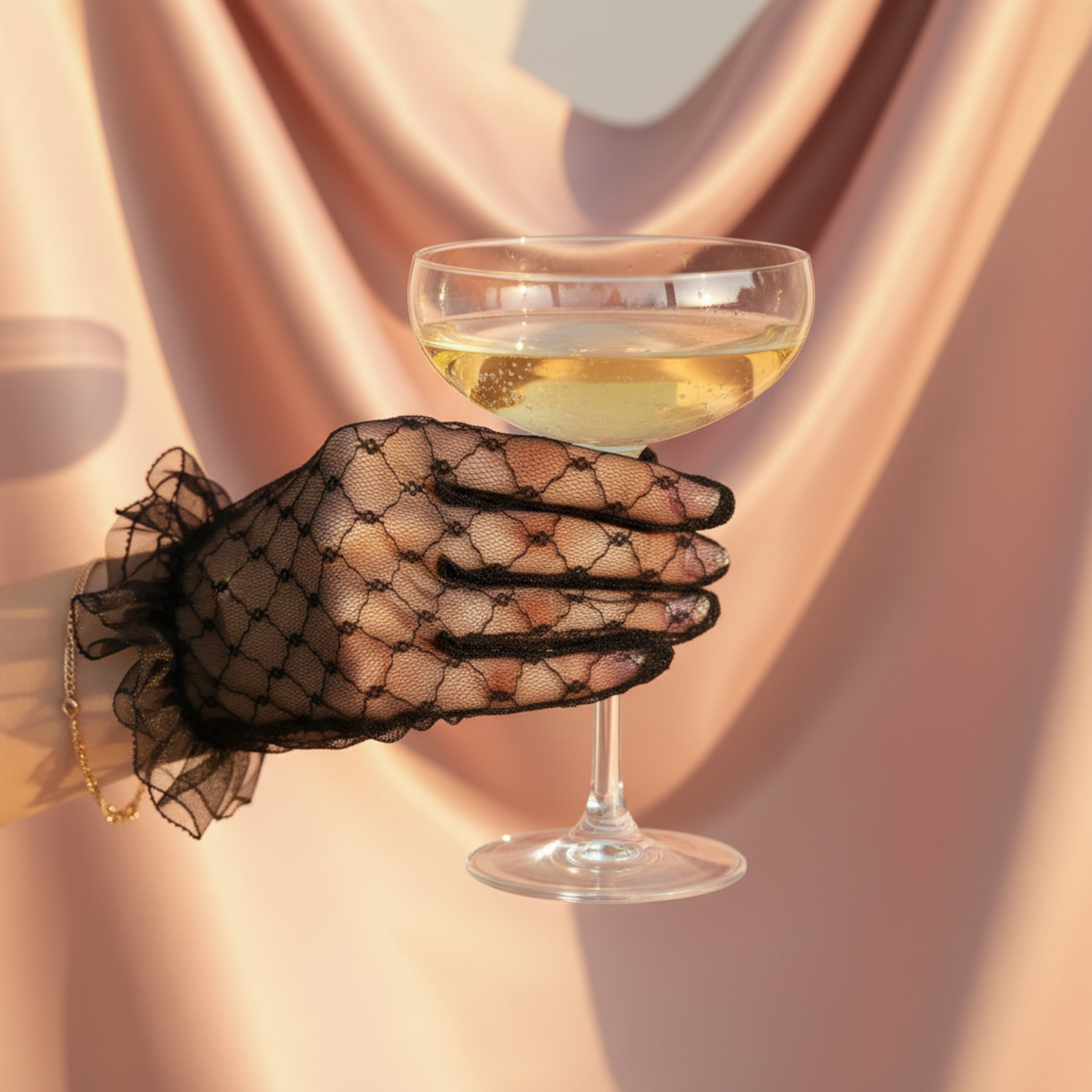 Black lace bridal glove toasting with a glass of wine