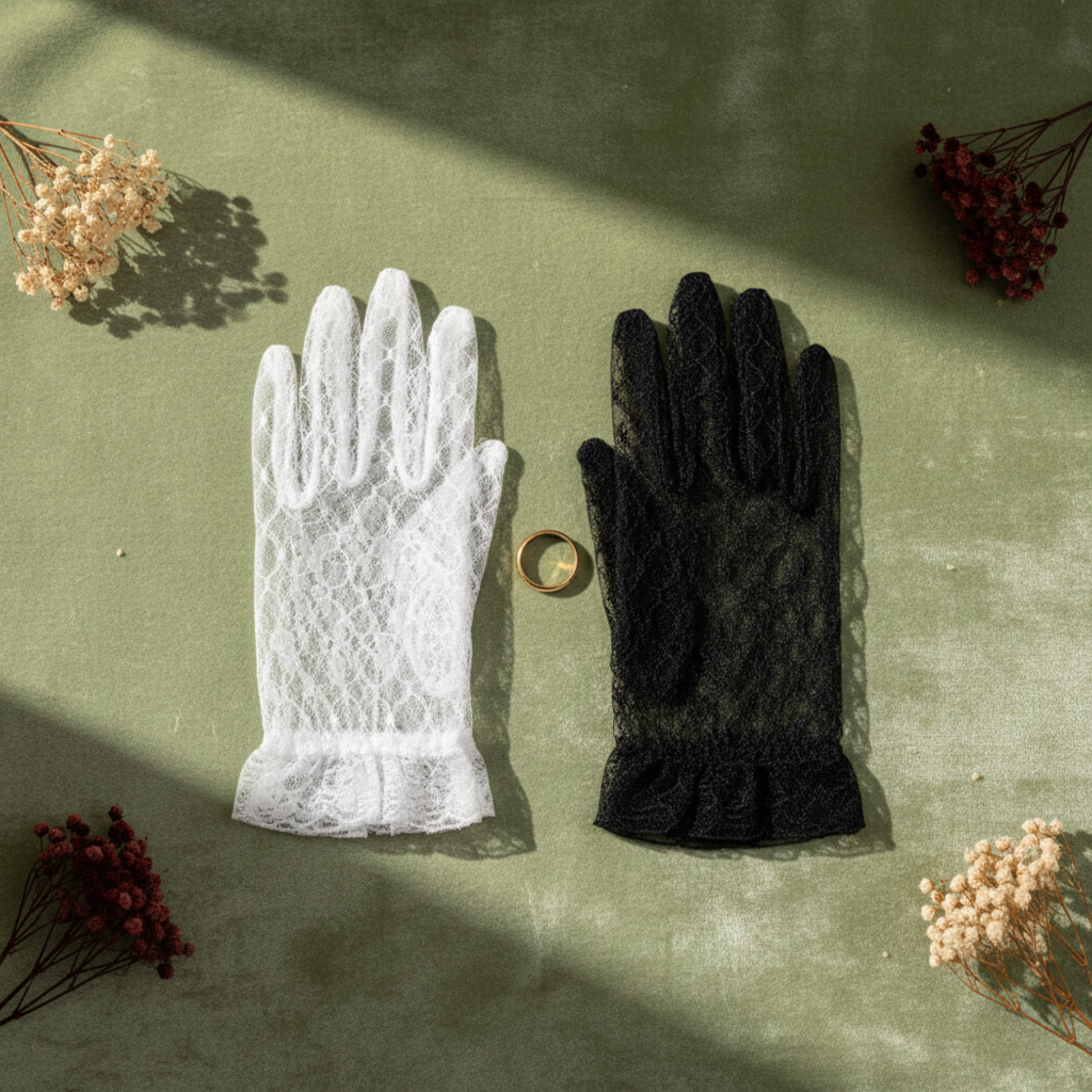 White and black lace bridal gloves paired together in flat lay