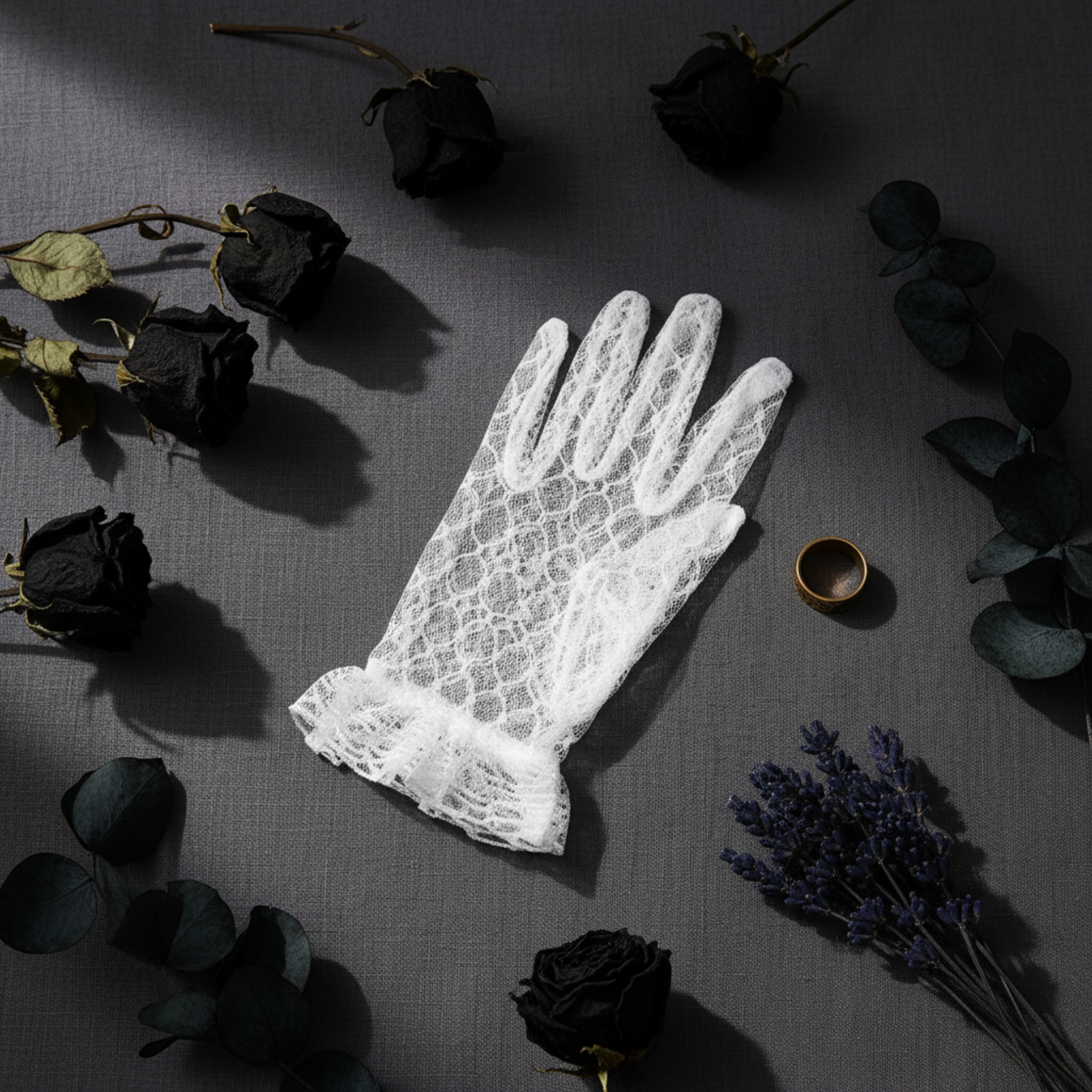 White lace bridal glove flat lay with dark floral accents