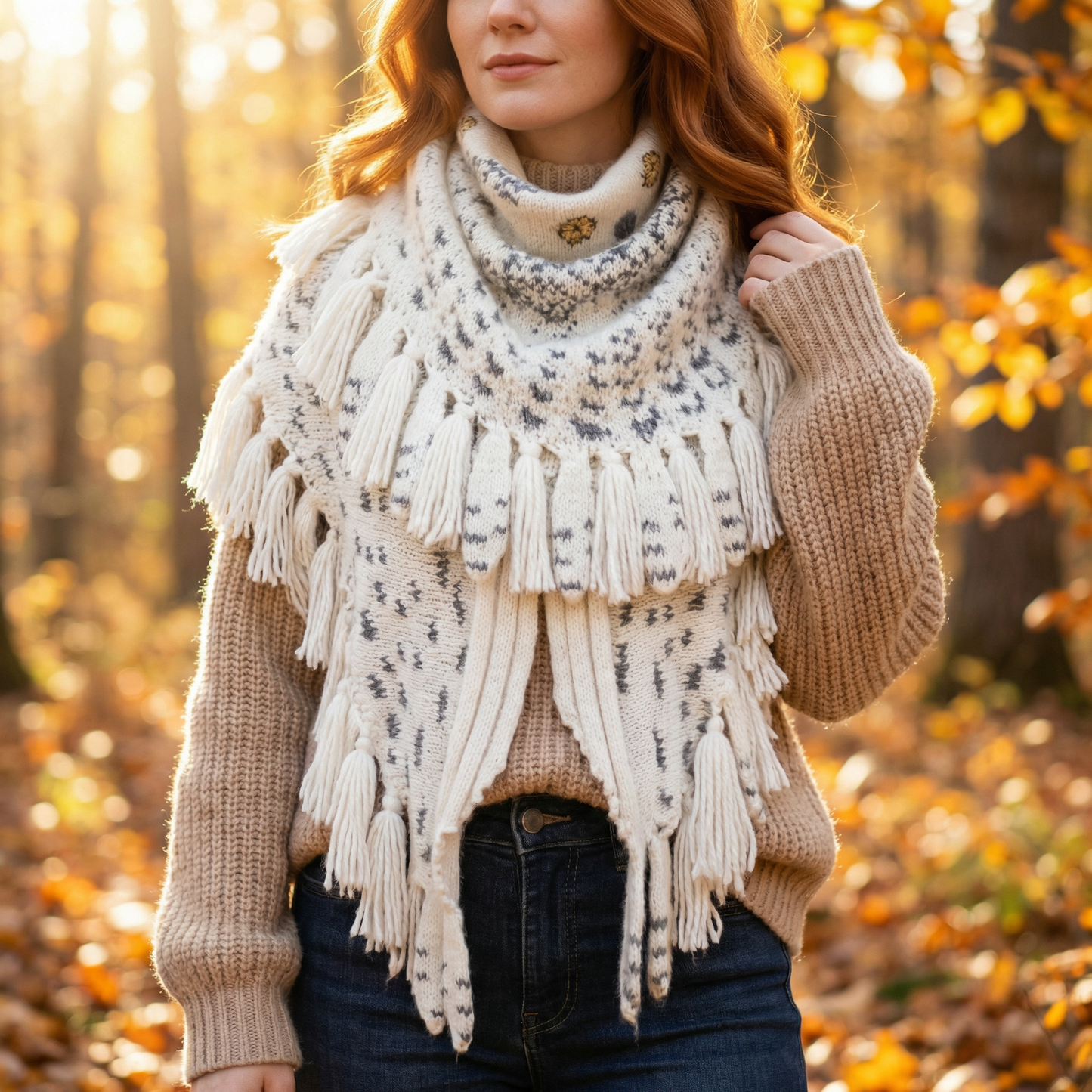 Woman wearing snowy owl wings shawl in autumn forest with golden light