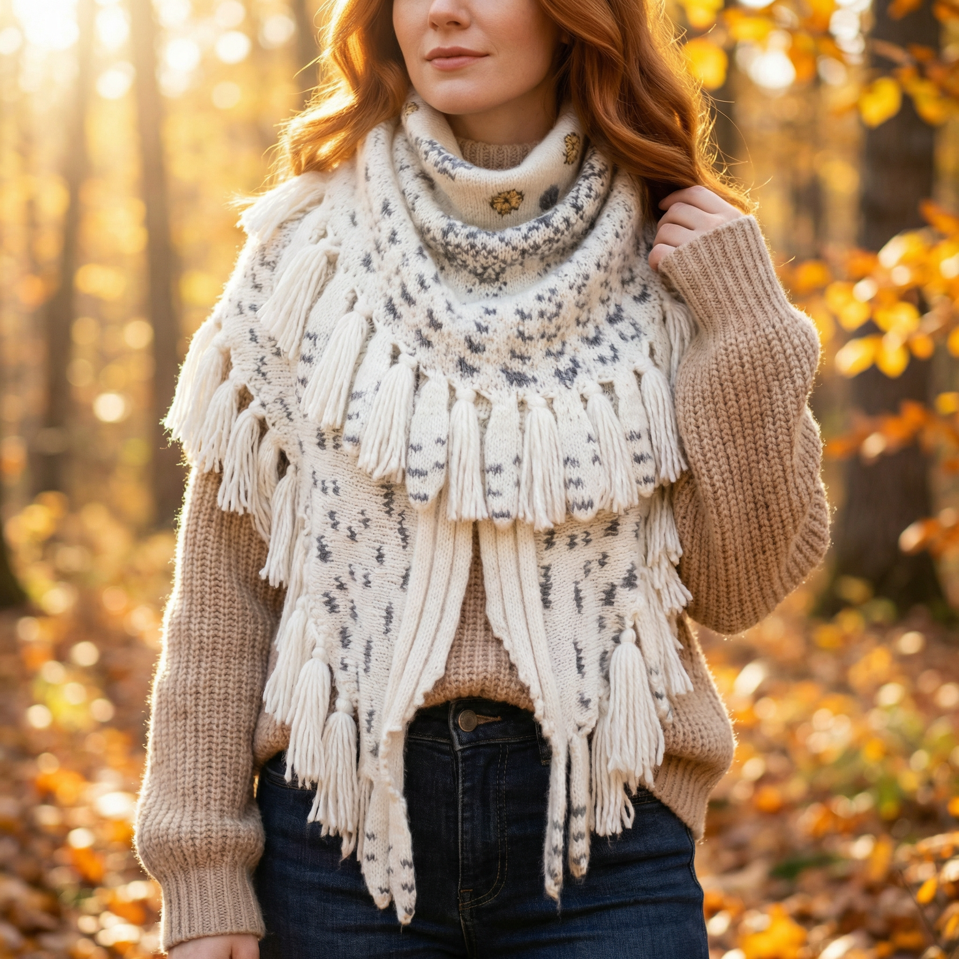 Woman wearing snowy owl wings shawl in autumn forest with golden light