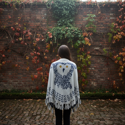 Back view of woman wearing snowy owl wings shawl against brick wall with autumn leaves