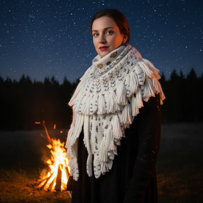 Woman wearing snowy owl wings shawl by bonfire at night