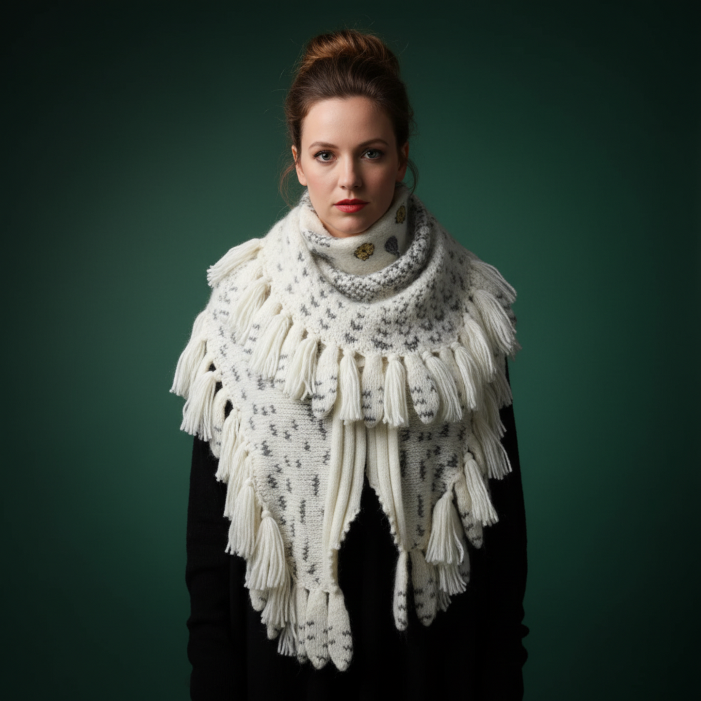Woman wearing snowy owl wings shawl against dark green background
