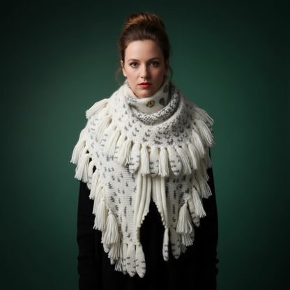 Woman wearing snowy owl wings shawl against dark green background