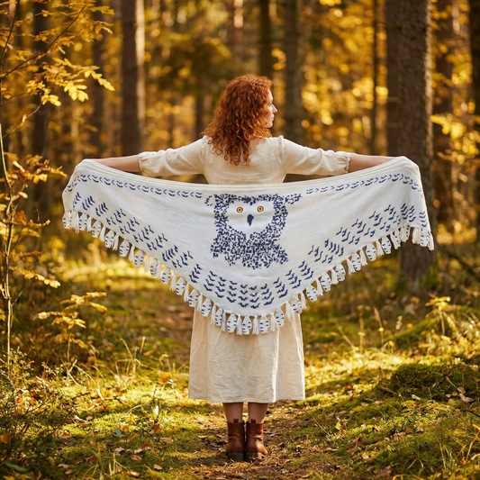 Woman wearing snowy owl wings shawl with arms spread in forest