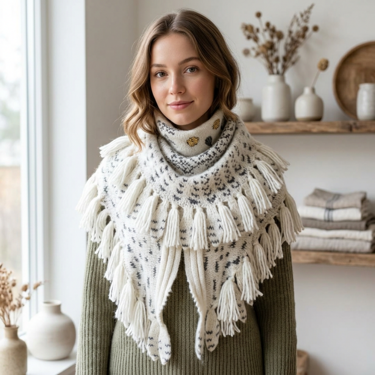Woman wearing snowy owl wings shawl over green sweater indoors