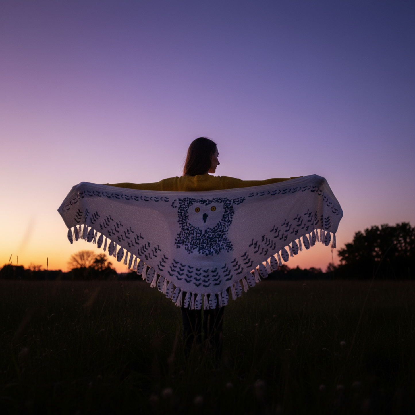 Woman wearing snowy owl wings shawl silhouette at purple sunset