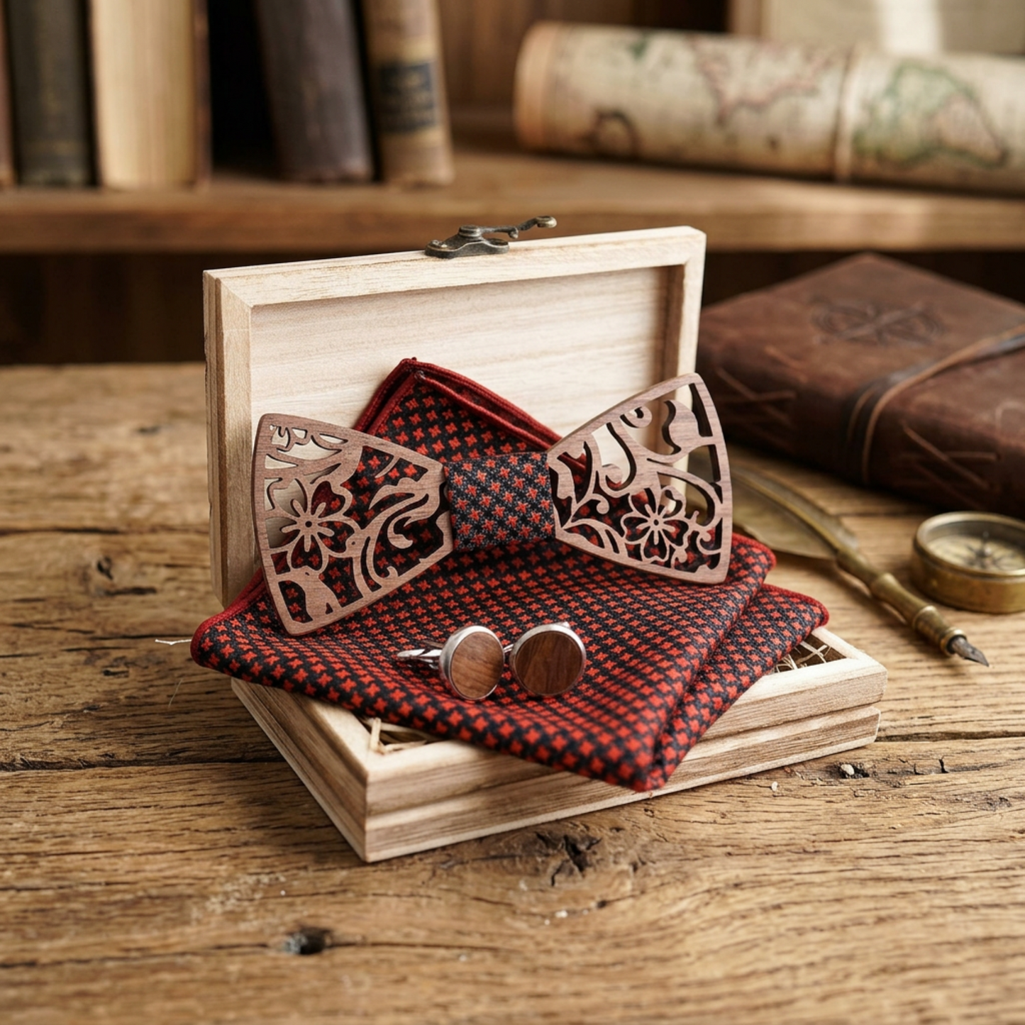 Walnut bow tie gift set flat lay with vintage books