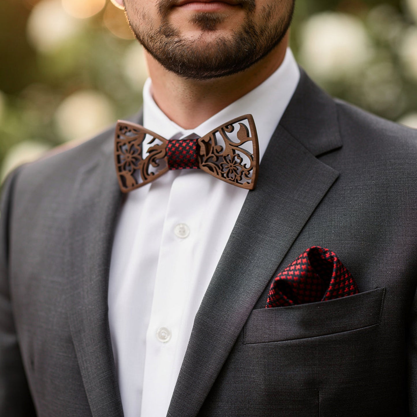 Walnut bow tie and pocket square set in wooden box, close-up