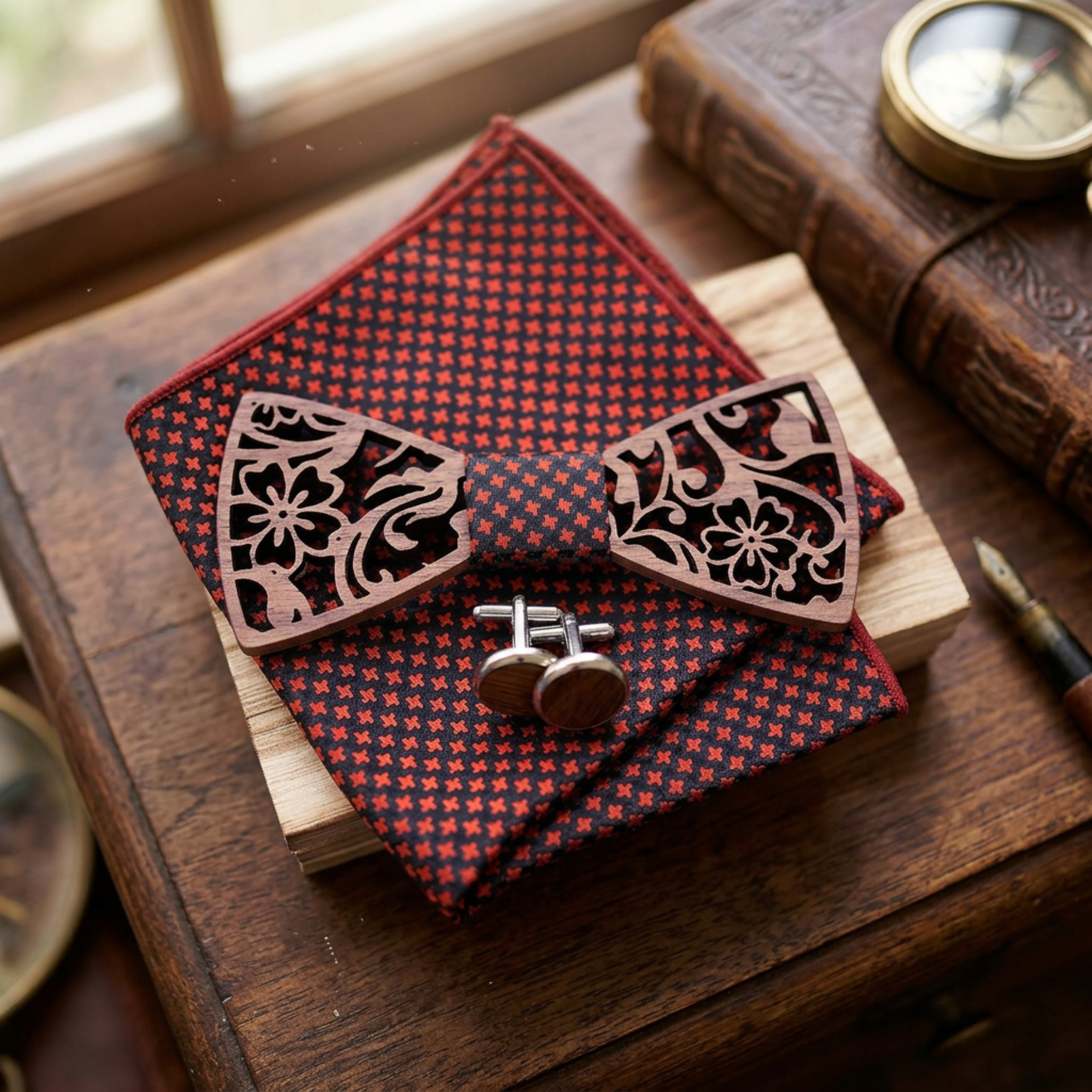 Walnut bow tie and pocket square on stacked books with magnifying glass
