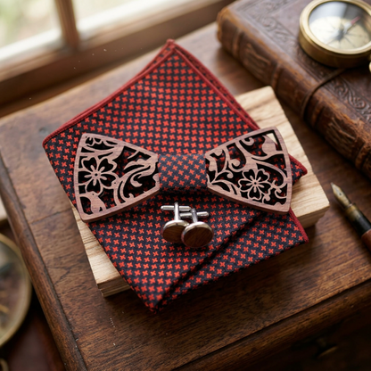 Walnut bow tie and pocket square on stacked books with magnifying glass