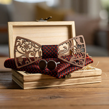 Walnut bow tie gift set in wooden box under warm lighting