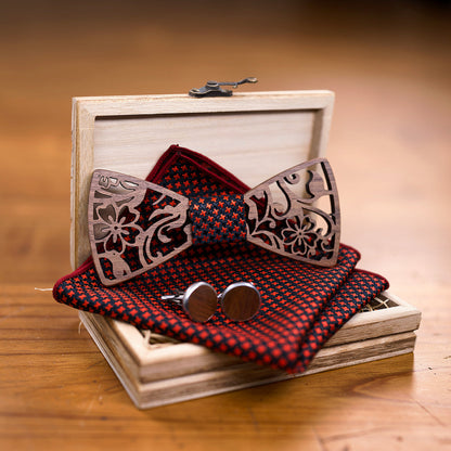 Walnut floral bow tie and cufflinks displayed in wooden gift box