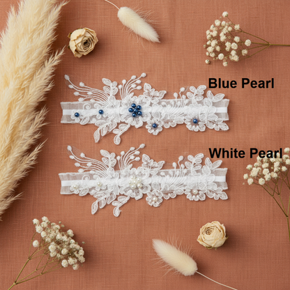 Blue pearl and white pearl lace wedding garters flat lay comparison