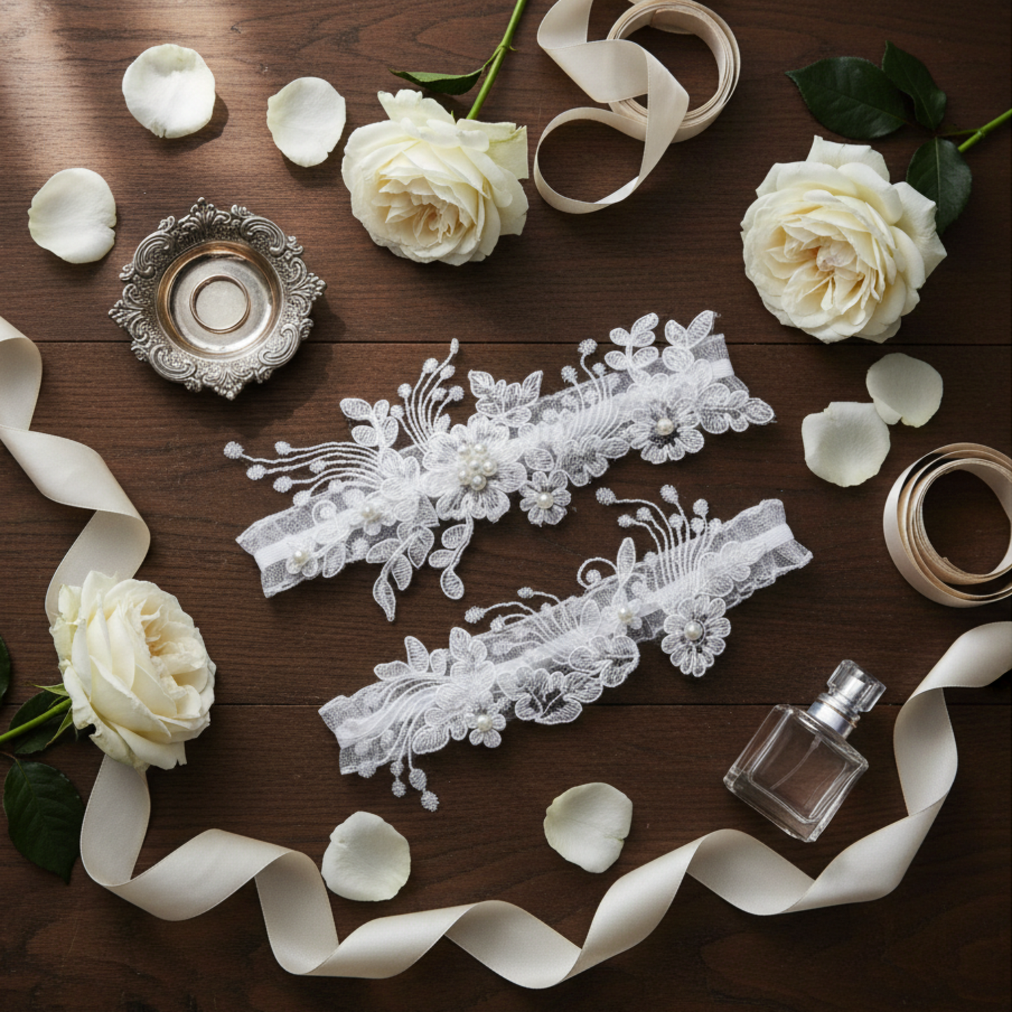 Lace wedding garter set flat lay with ribbon and roses