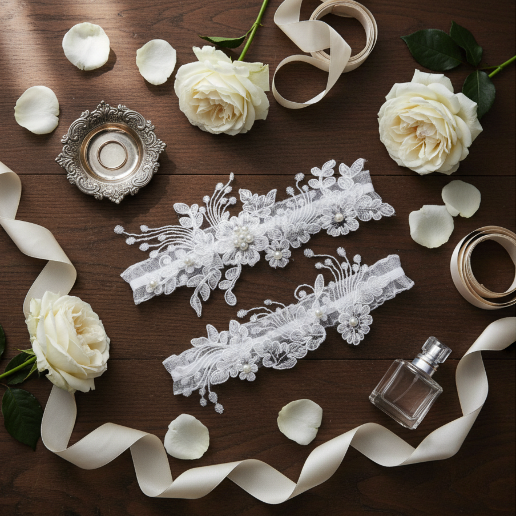 Lace wedding garter set flat lay with ribbon and roses