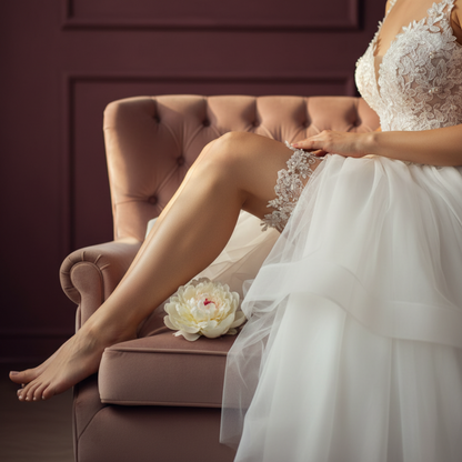 Woman sitting on chair wearing lace wedding garter with pearl beads