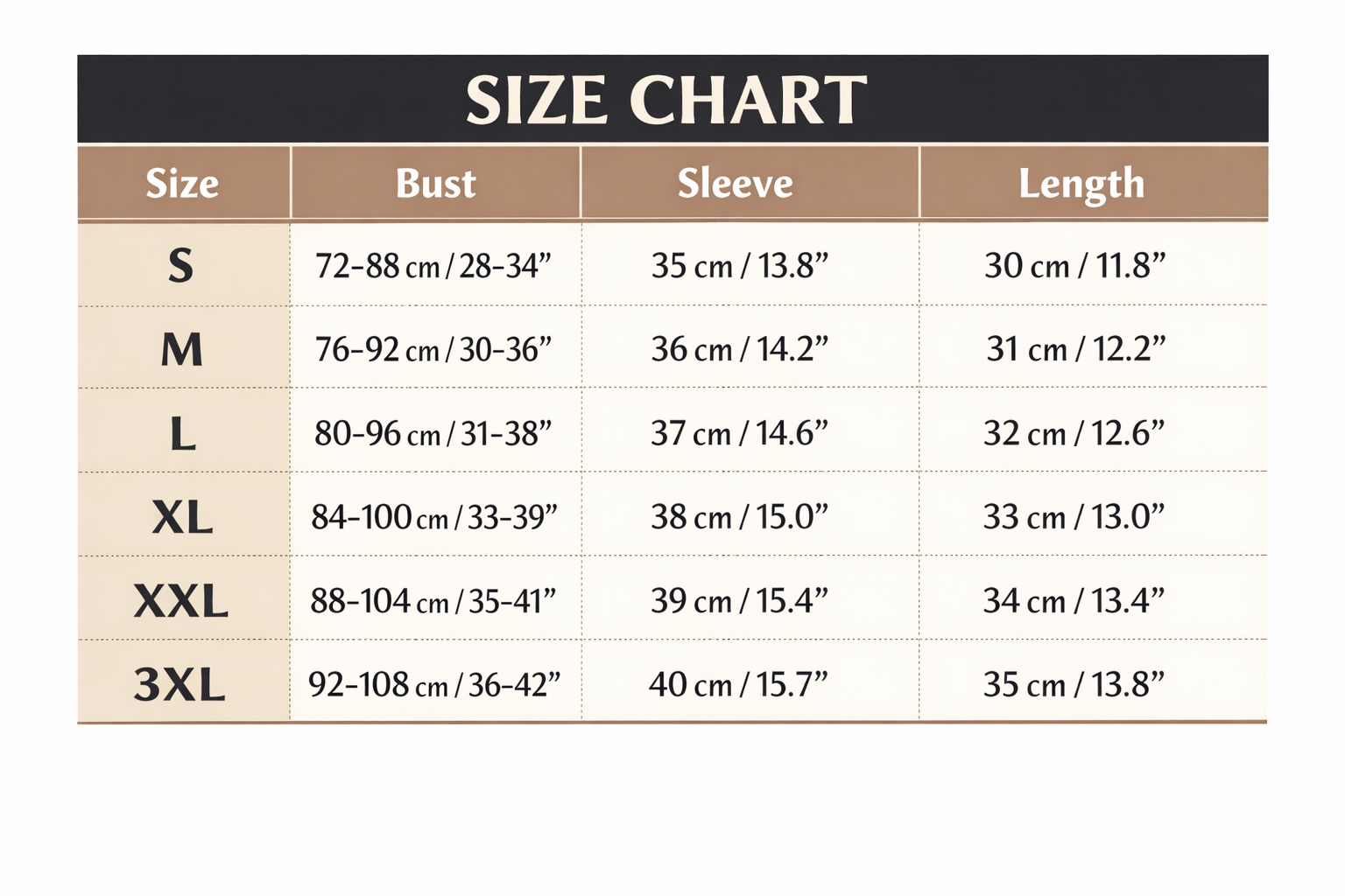 Size chart for white lace crop top, sizes S to 3XL