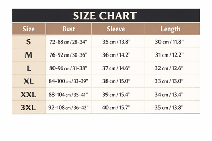 Size chart for white lace crop top, sizes S to 3XL